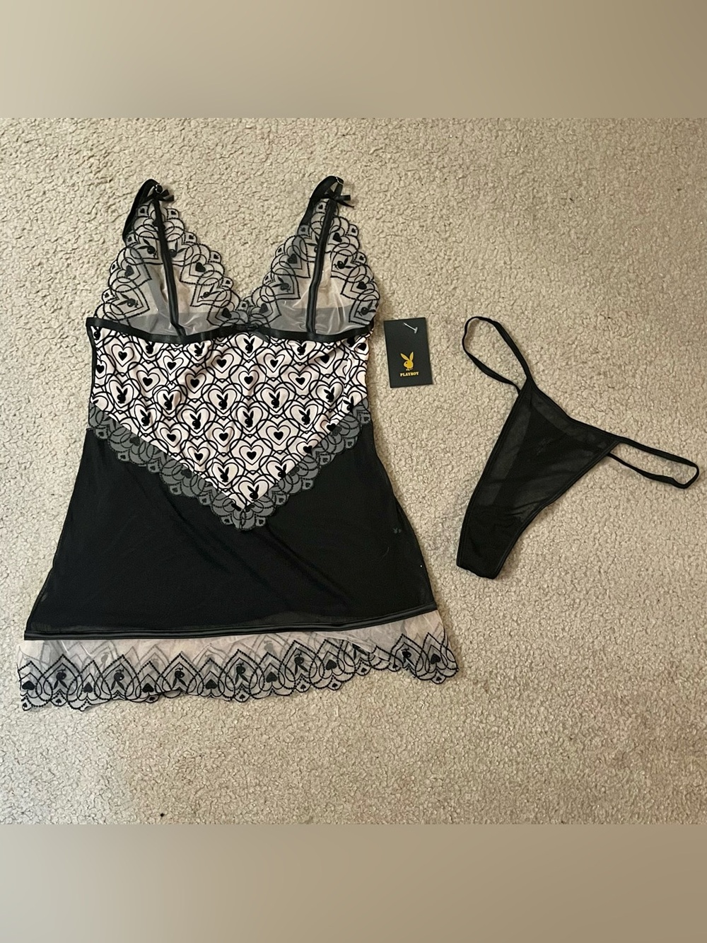 Playboy Bunny Heart Black Mesh Lingerie Teddy Panty Set Medium BNWT